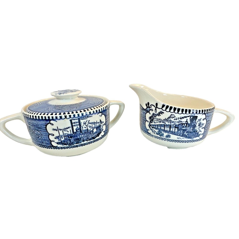 Currier & Ives by Royal Blue Transferware Train Creamer & Steamship Sugar Bowl